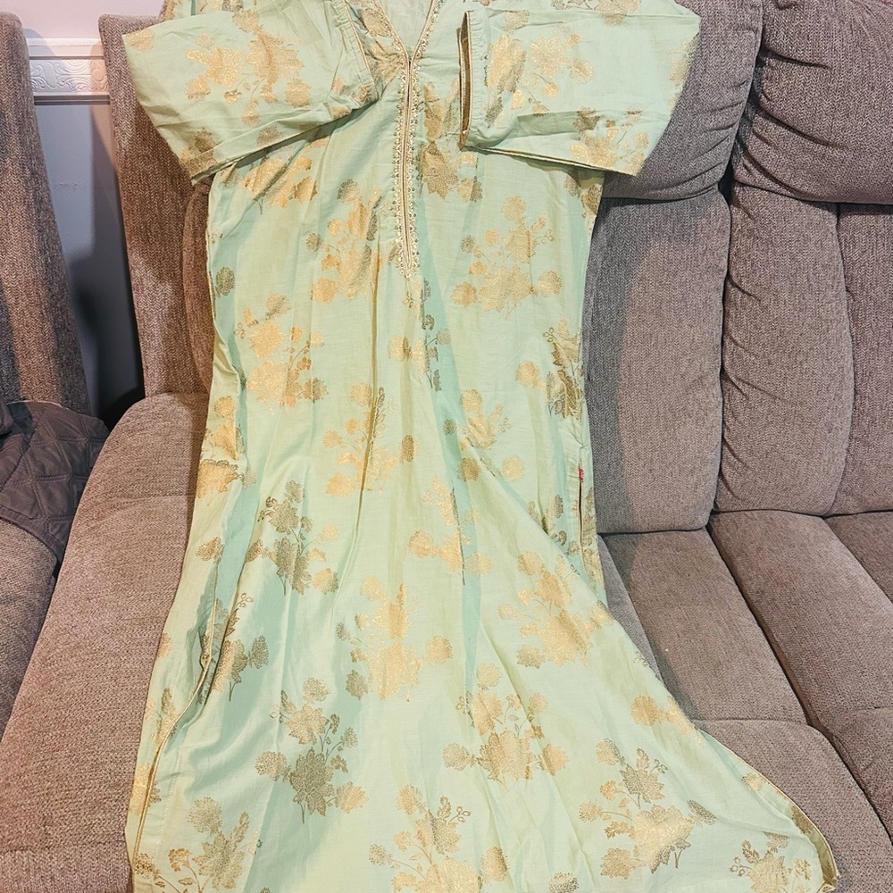 Biba Light Green and Gold Floral Embroidered Dress